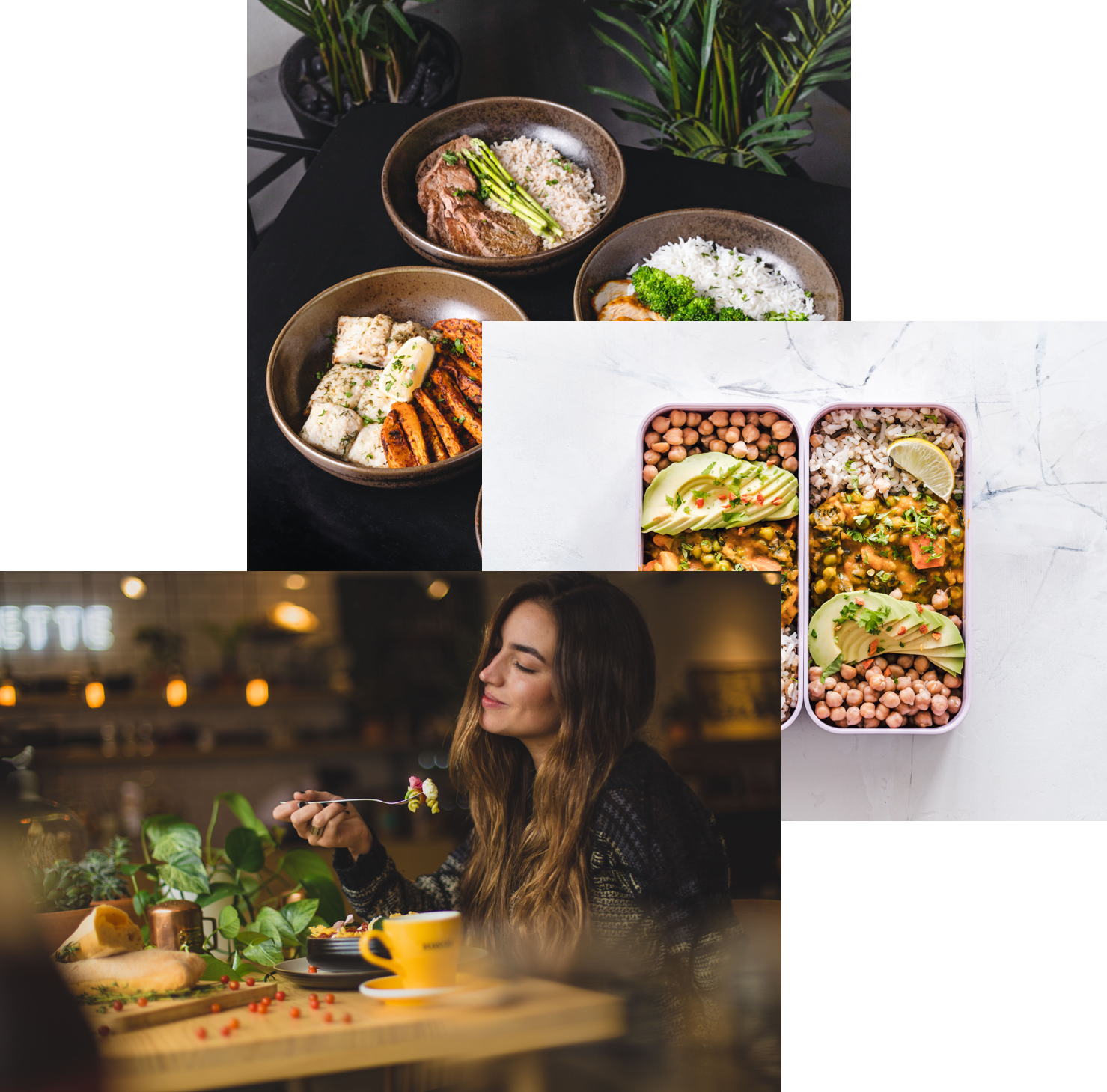 woman enjoying food, meals in storage container,
             and food bowl on a table